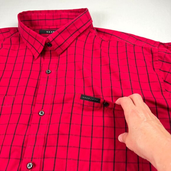 Sean John Mens Shirt 3XB Red Black Plaid & Button Down Shirt Cotton Poly Blend - Picture 5 of 9